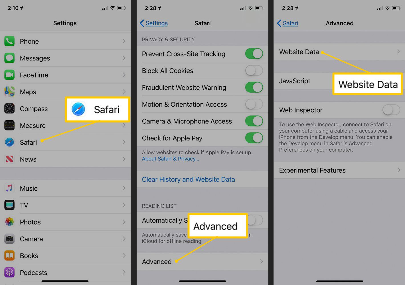 Safari, Avancerat, Webbplatsdata-knappar i iOS Inställningar-appen
