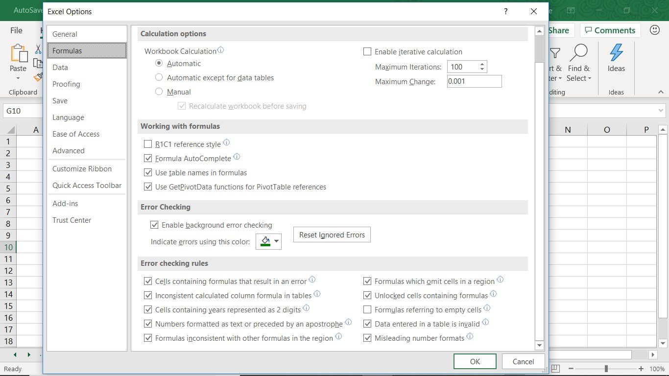 En skärmdump som visar dialogrutan Alternativ för Excel med fliken Formler vald