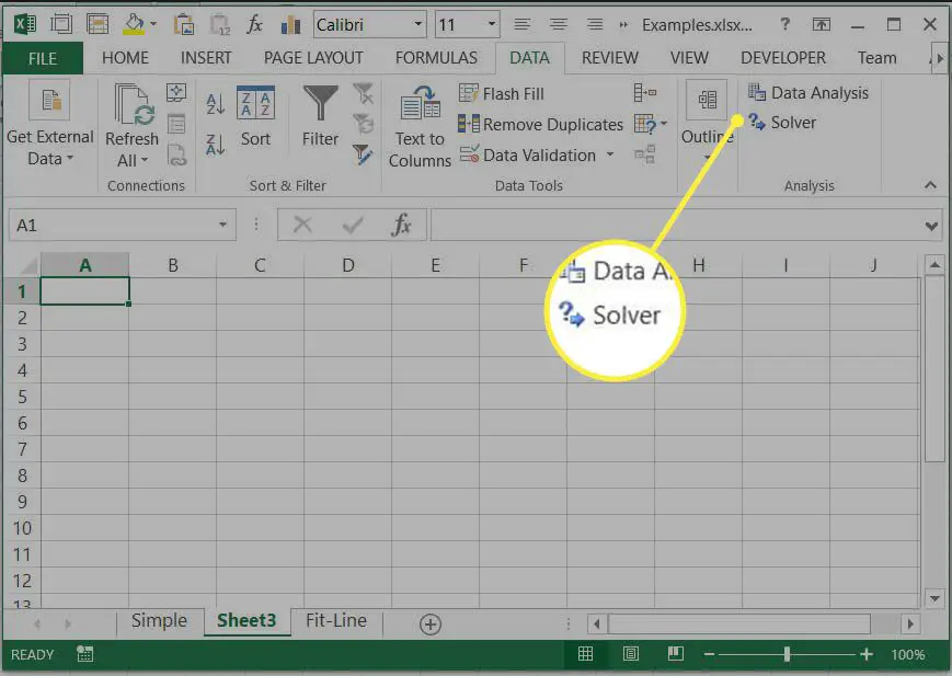 Hitta kommandot Excel Solver på fliken Data