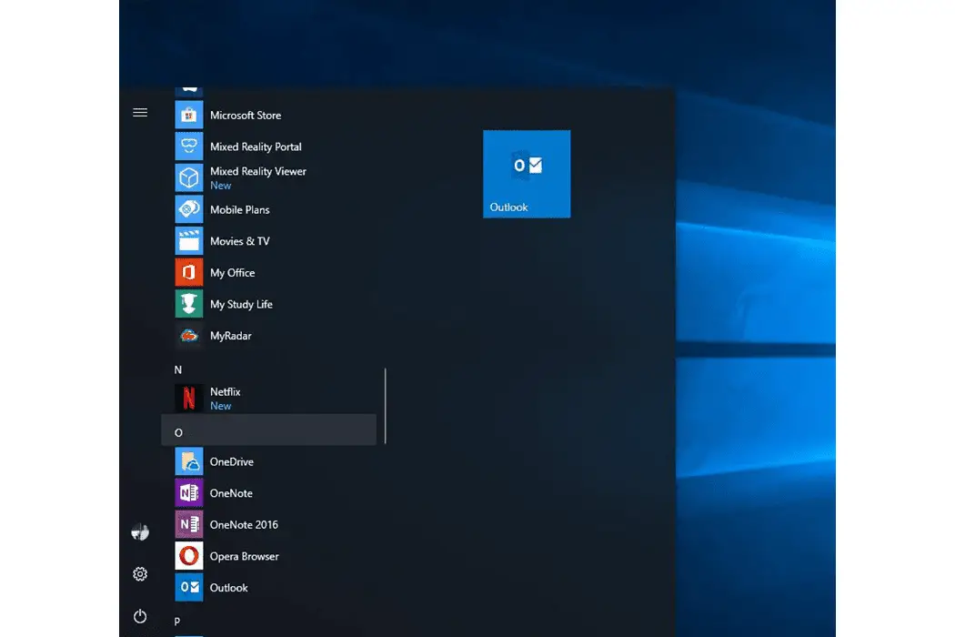En skärmdump som visar Outlook-ikonen på Start-menyn.