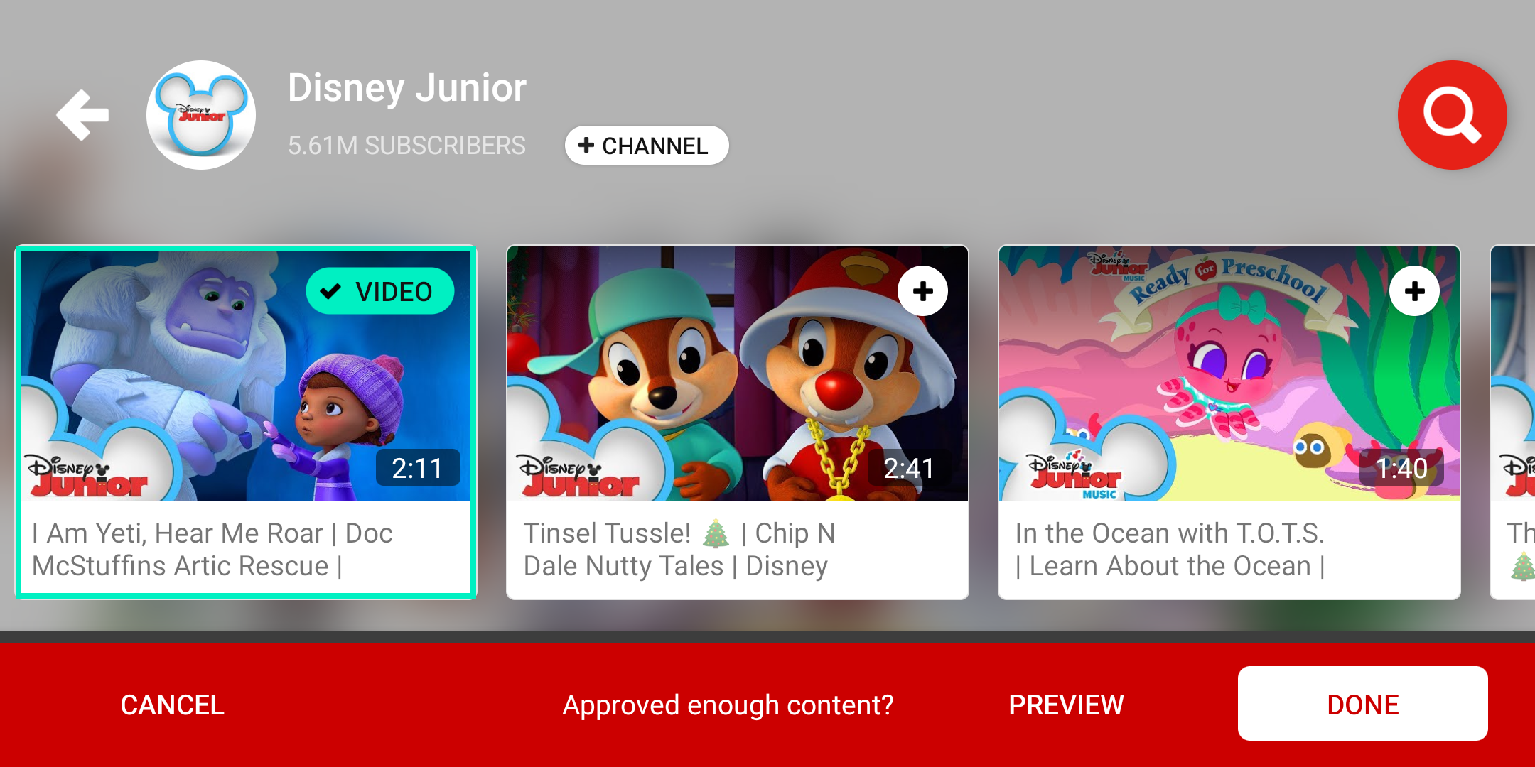 En skärmdump av YouTube Kids-video- och kanalgodkännande.