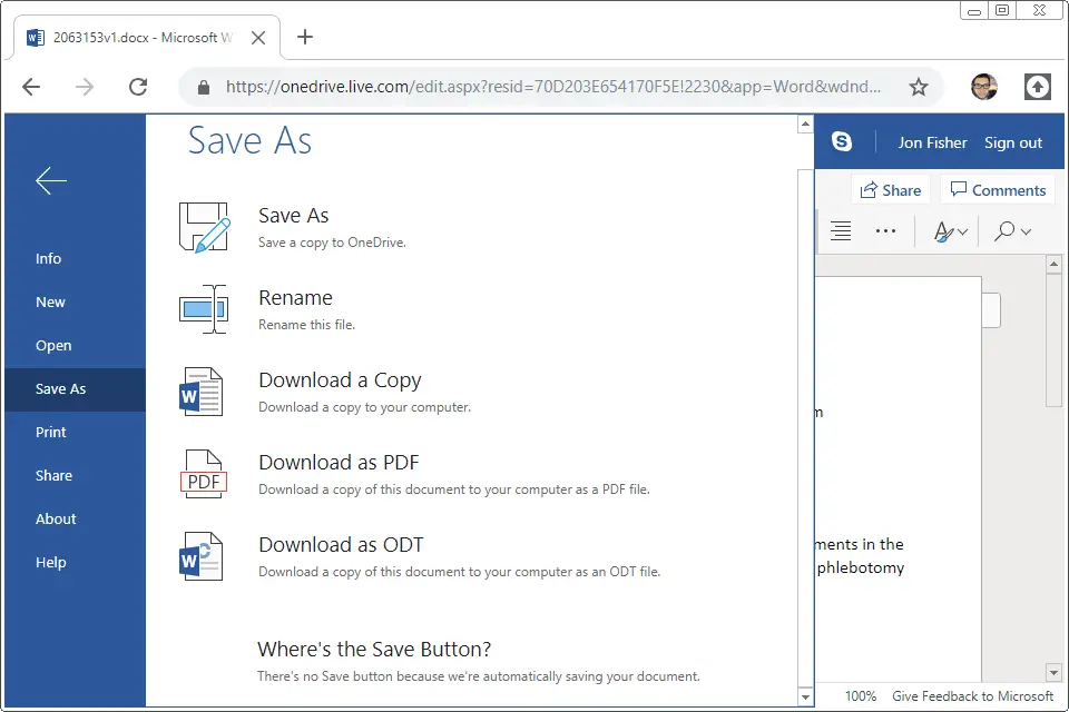 Skärmdump som visar hur man konverterar DOCX till PDF eller ODT från Microsoft Word Online -verktyget