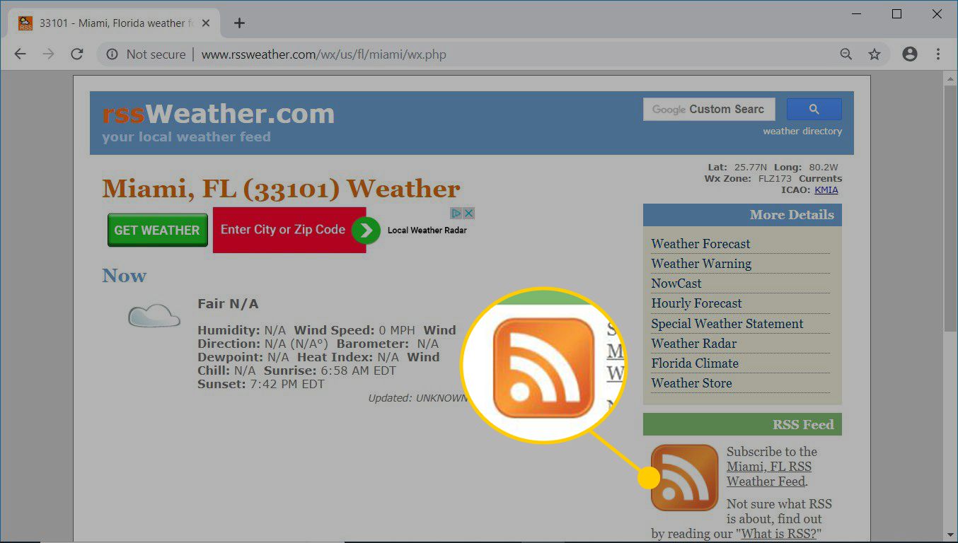 RSSWeather.com webbsida som visar en RSS-ikon för ett RSS-flöde