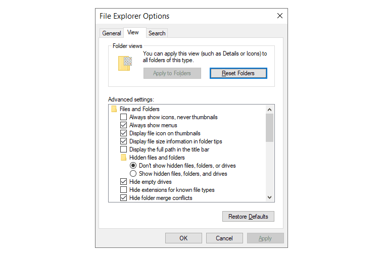 Skärmdump av alternativet i Windows för att dölja tillägg för kända filtyper