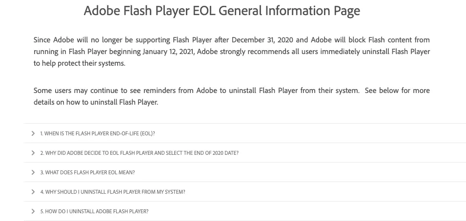Skärmdump av Adobes Flash-slutet av livssidan och information