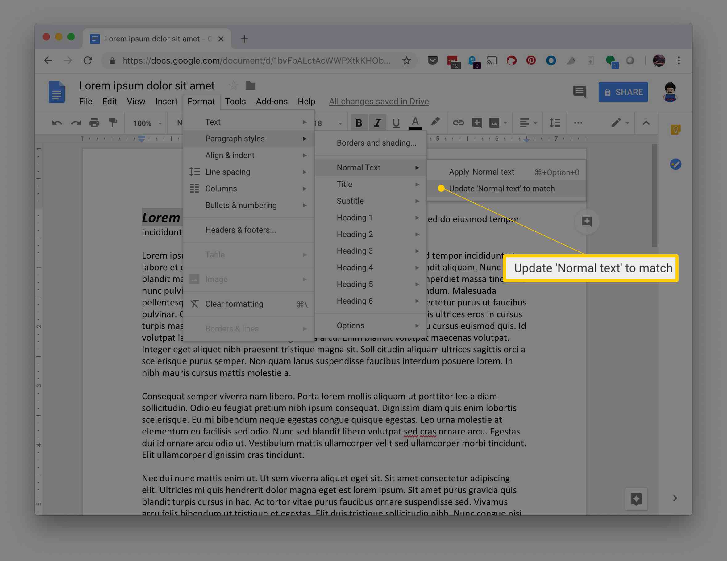 Uppdatera Normal text för att matcha alternativet i menyn Format i Google Dokument