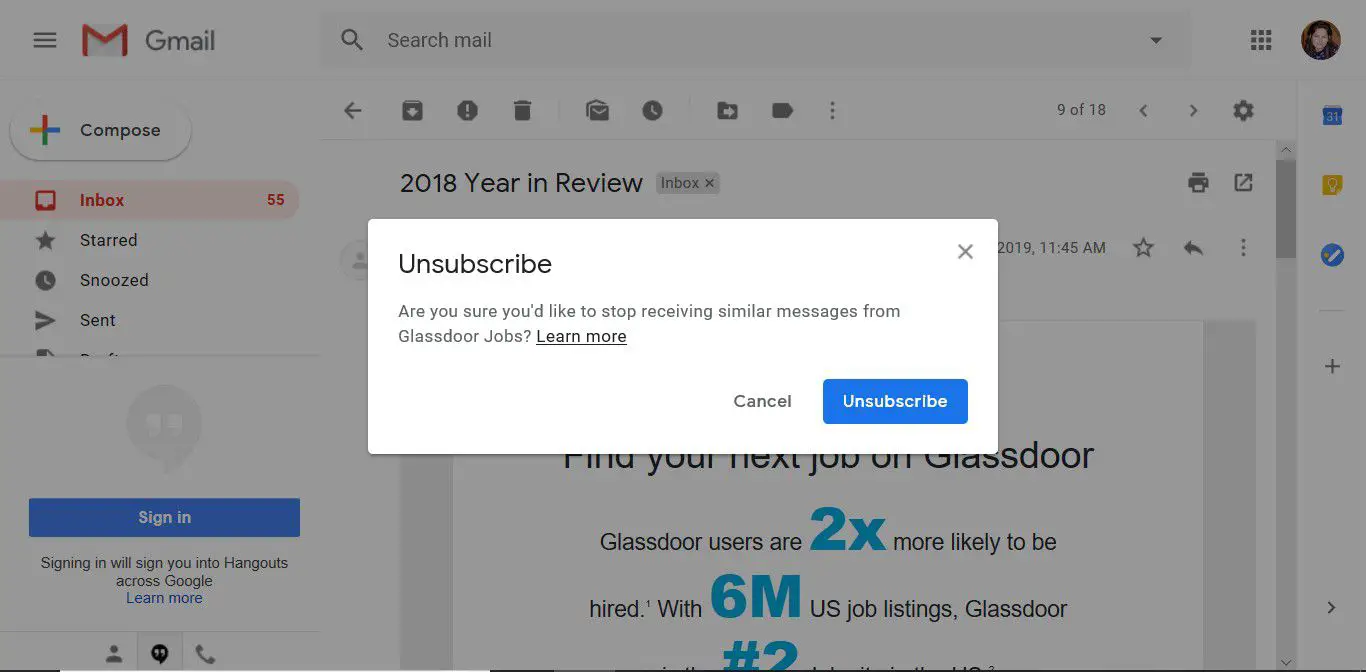 Bekräftelsemeddelandet för avbokning som visas via länken för avregistrering av Gmail