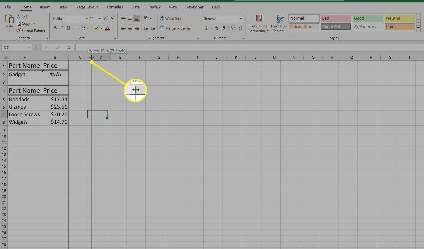 Använd musen för att ändra kolumnbredd i Excel