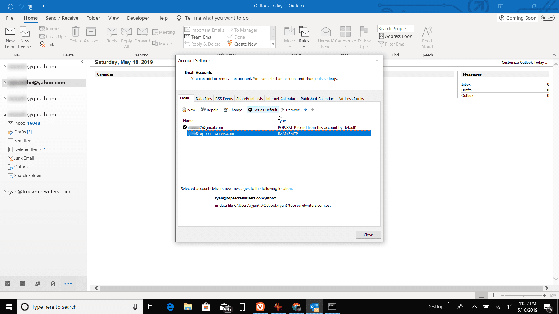 Skärmdump för att ställa in standardskicka -konto i Outlook