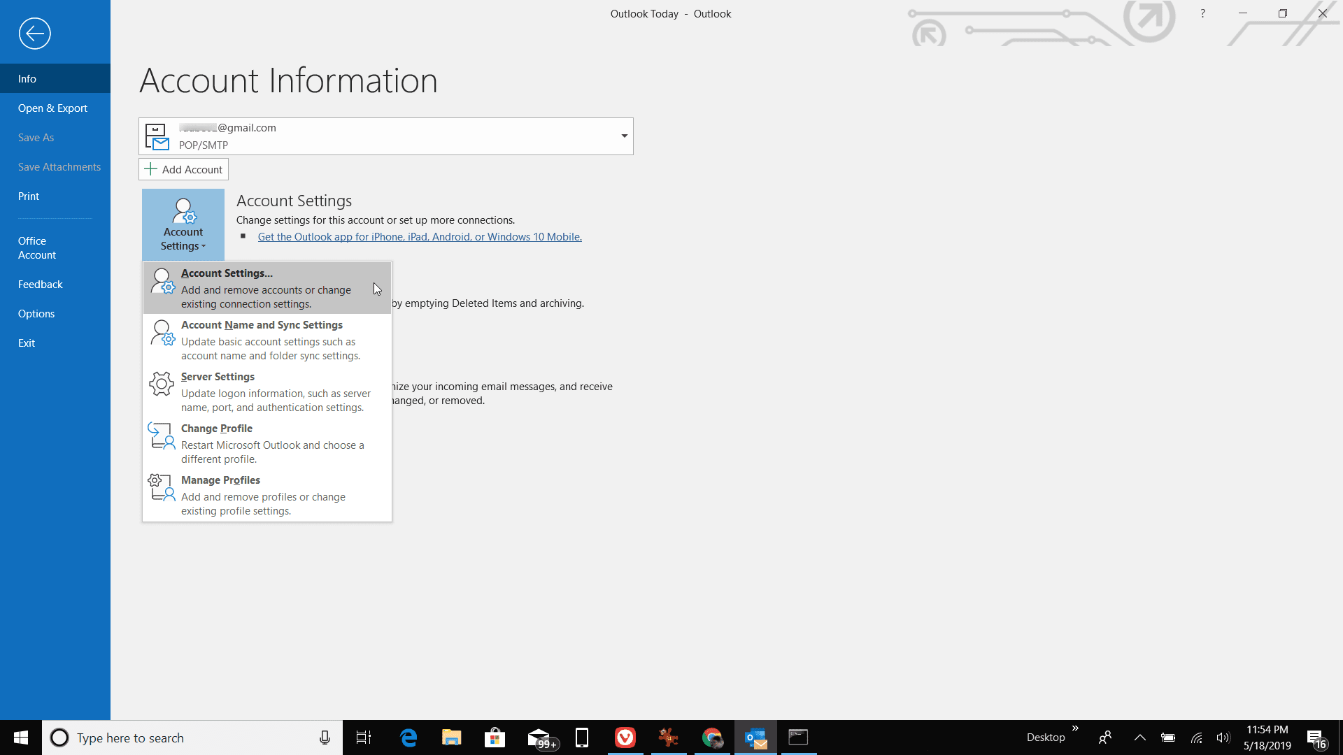 Skärmdump för att välja kontoinställningar i Outlook