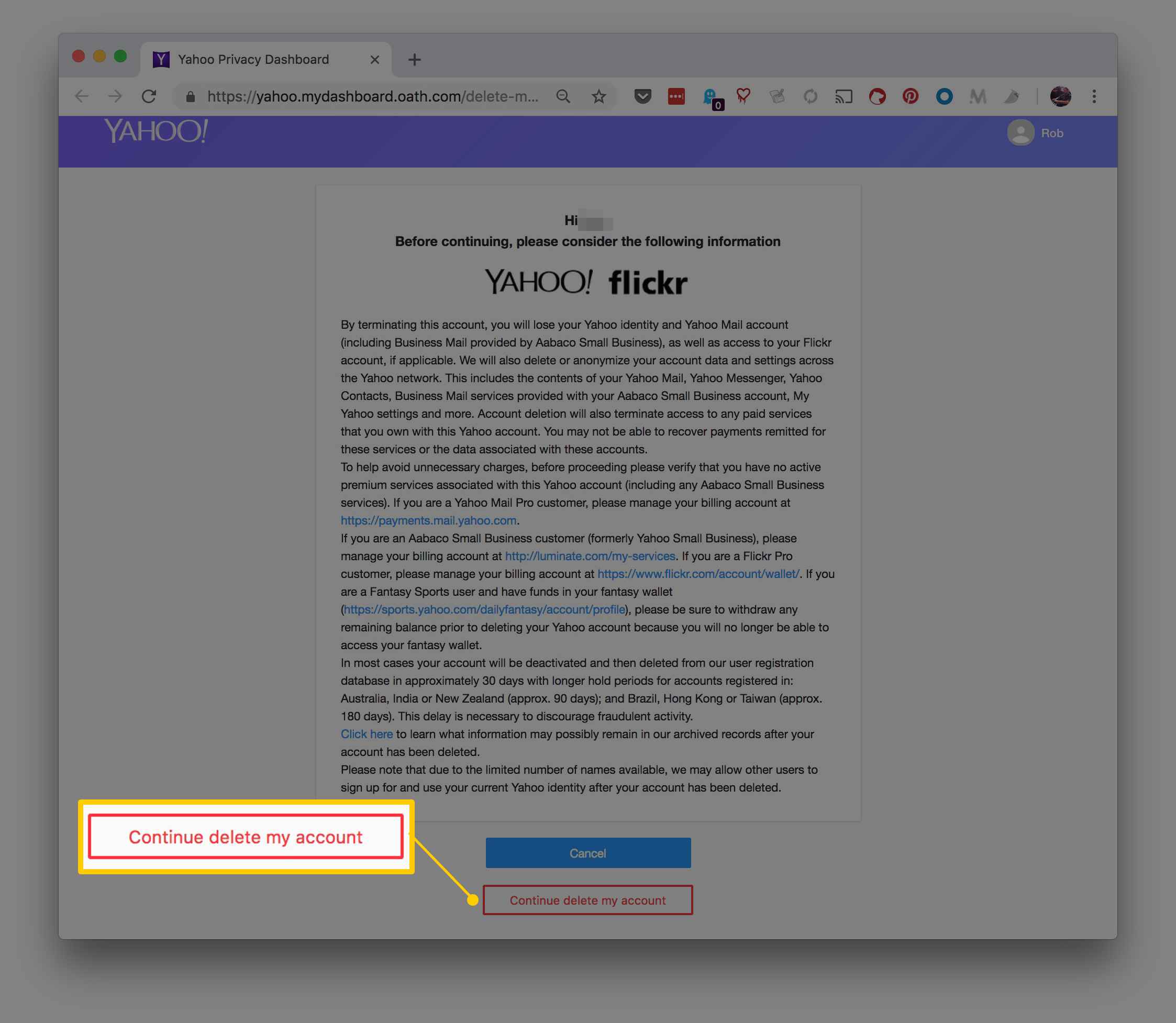 Skärmdump av varningssidan för borttagning av Yahoo -konto, med Fortsätt ta bort mitt konto markerat