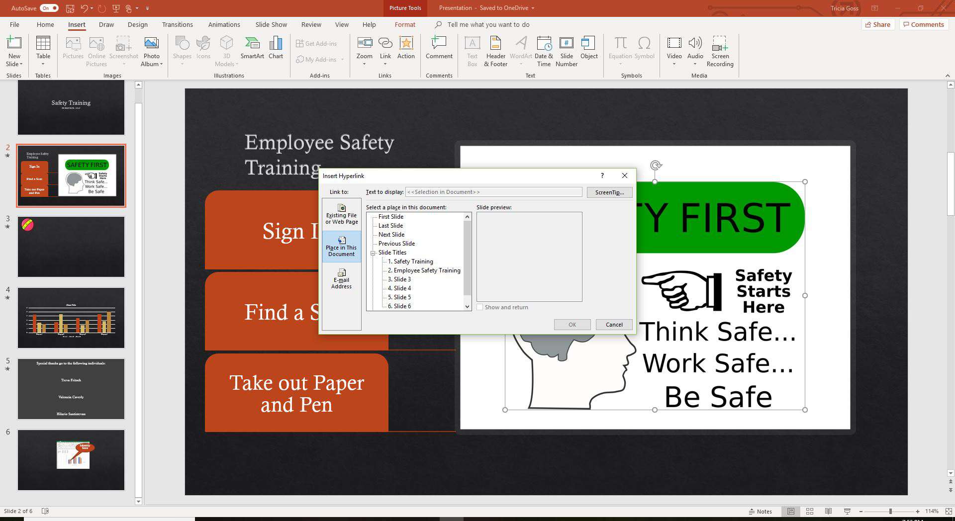 En skärmdump av att länka till en annan bild i PowerPoint.