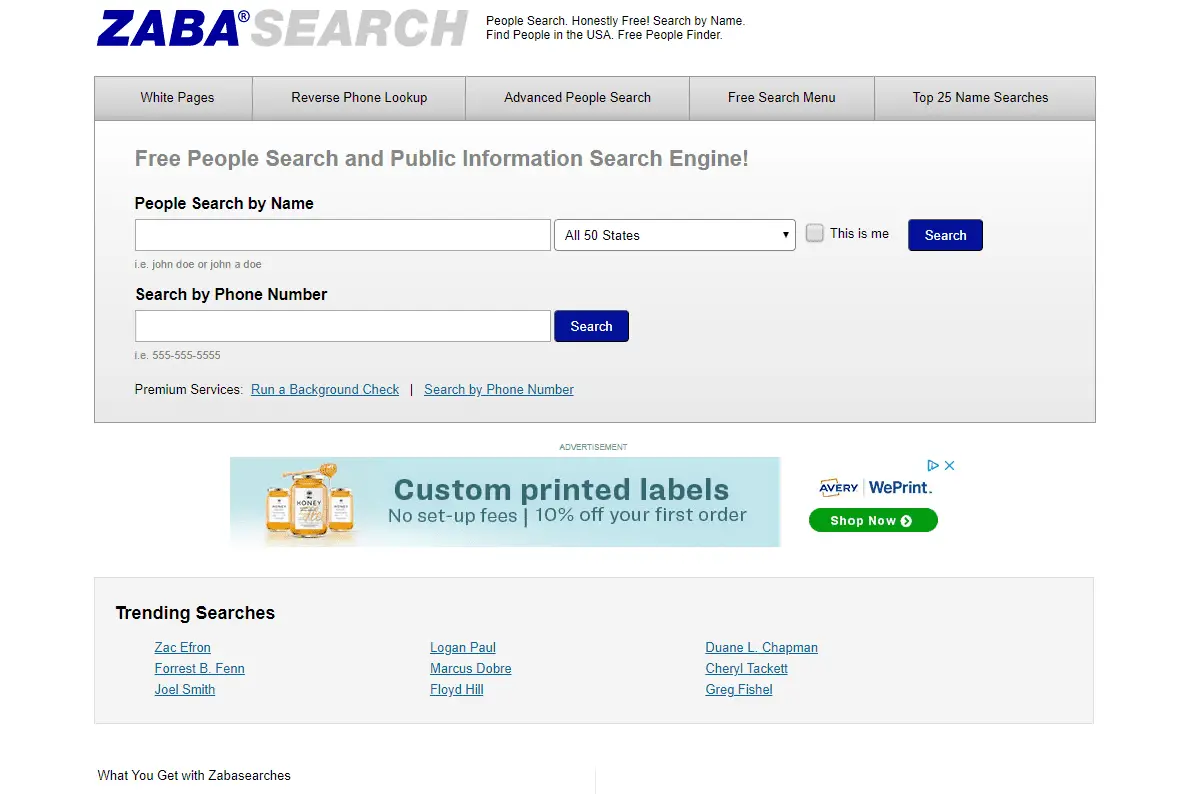ZabaSearch people finder webbplats