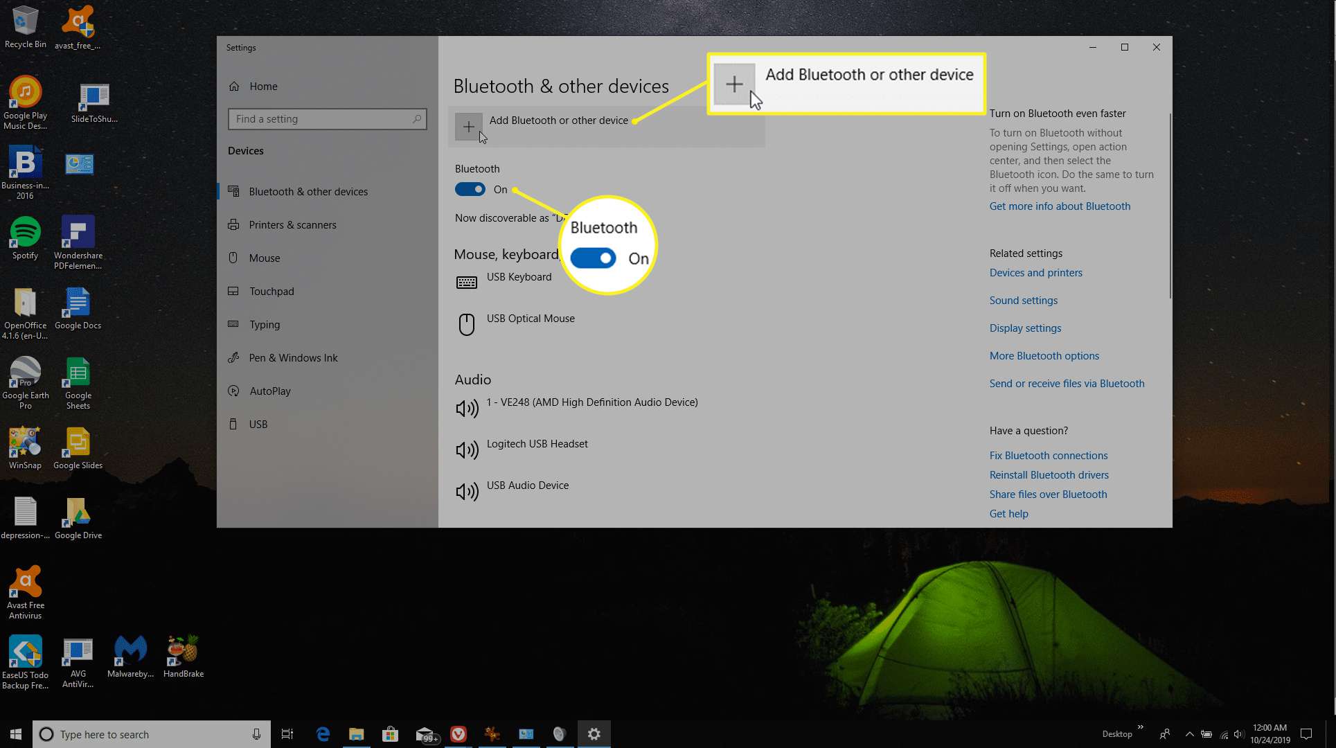 Bluetooth och andra enheter skärm i Windows 10