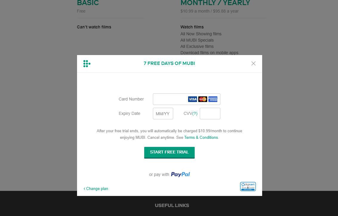 Skärmdump av betalningsinformation i Mubi -registreringsprocessen