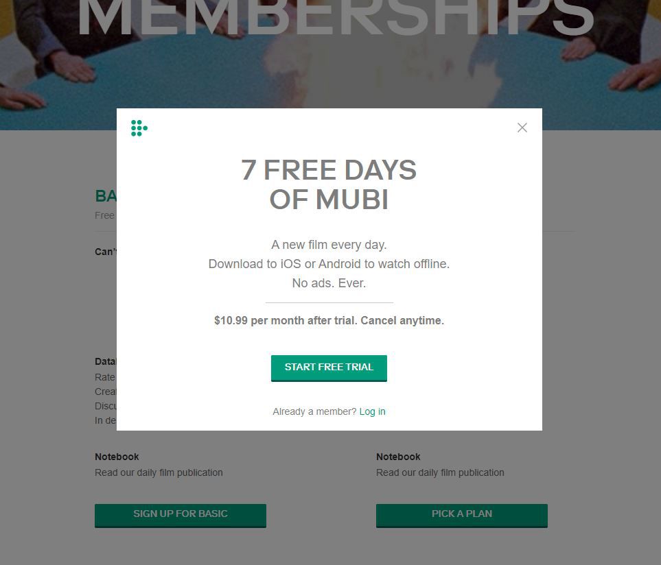 Skärmdump av Start Free Trial i Mubi