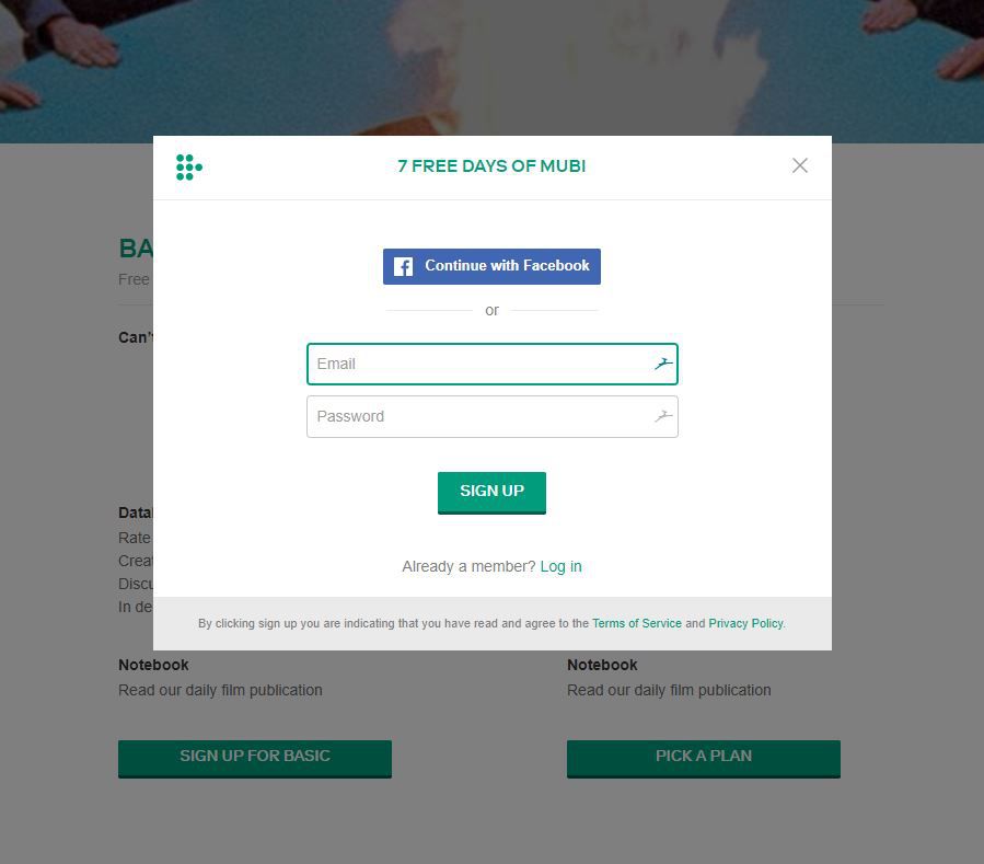 Skärmdump av e -post och lösenordssida på Mubi -registrering