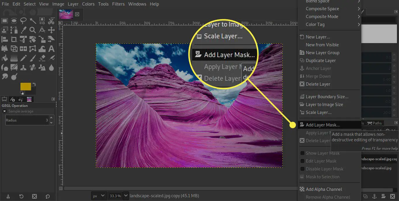 En skärmdump av GIMP med kommandot Lägg till lagermask markerad