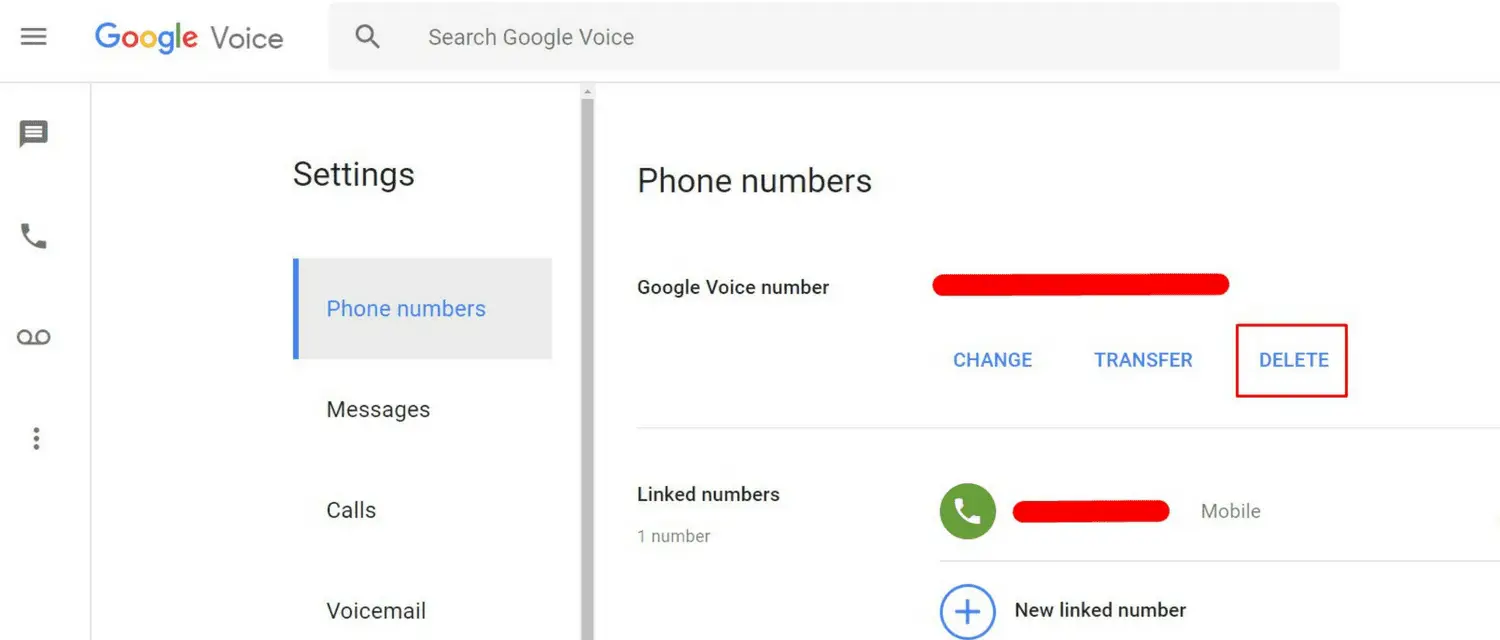 Ta bort -knappen för att bli av med ett telefonnummer i Google Voice -skärmdumpen
