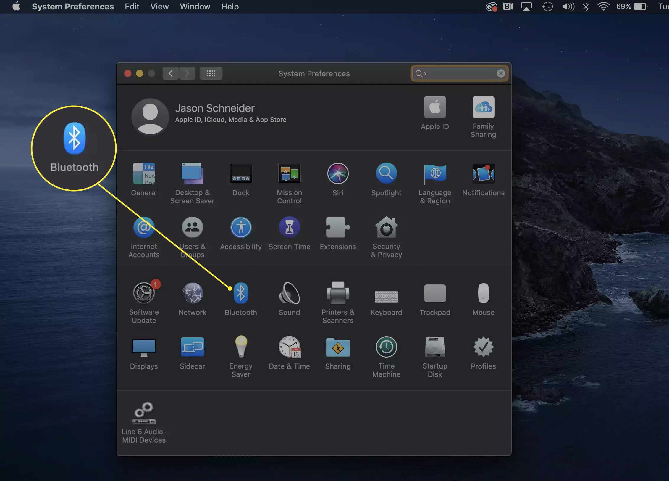 Fönstret Systeminställningar på en Mac som visar Bluetooth -ikonen. 