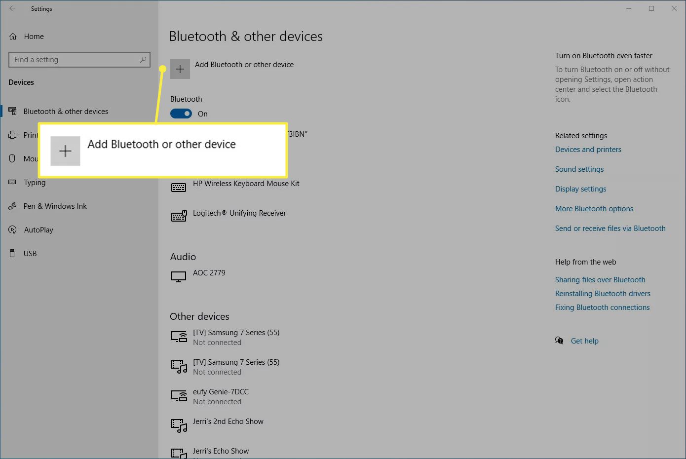 Lägg till Bluetooth eller andra enhetsalternativ från menyn Bluetooth och andra enheter i Windows
