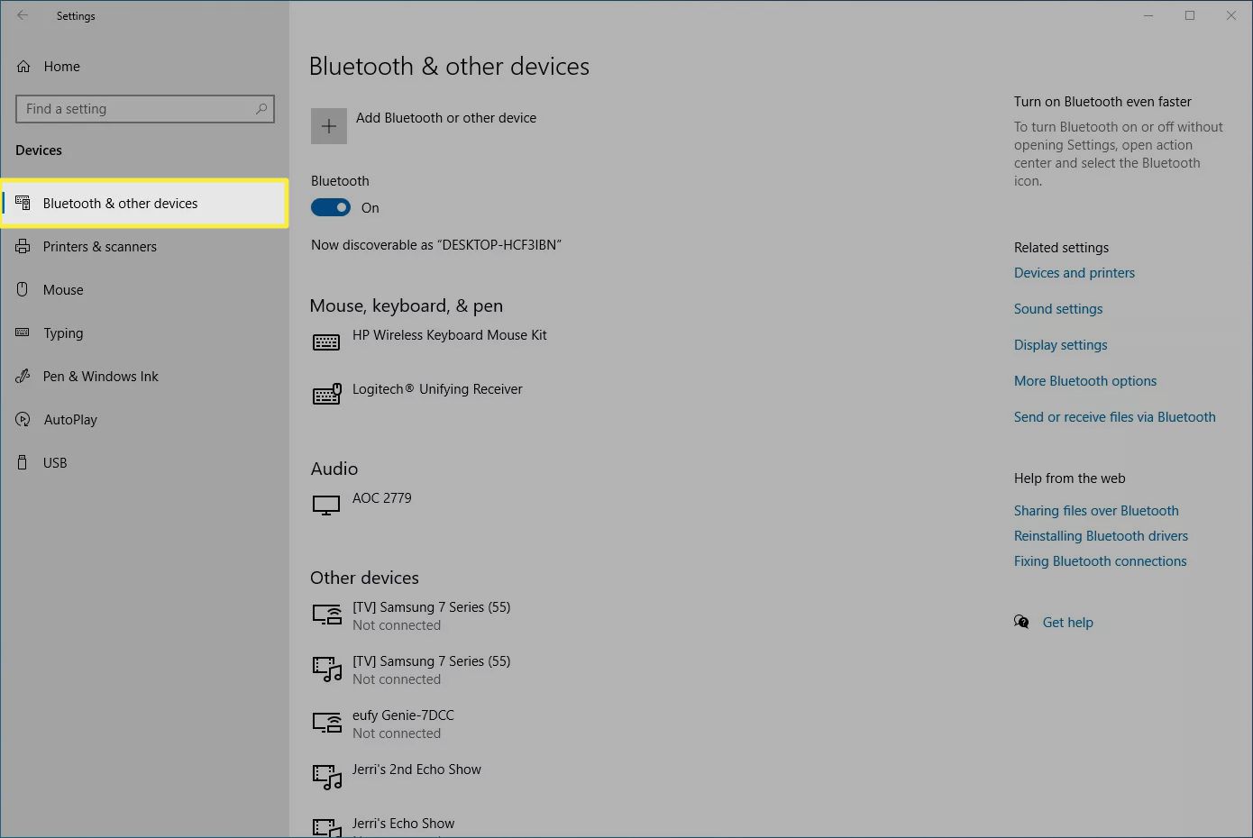 Bluetooth och andra enheter markerade från Windows -inställningar