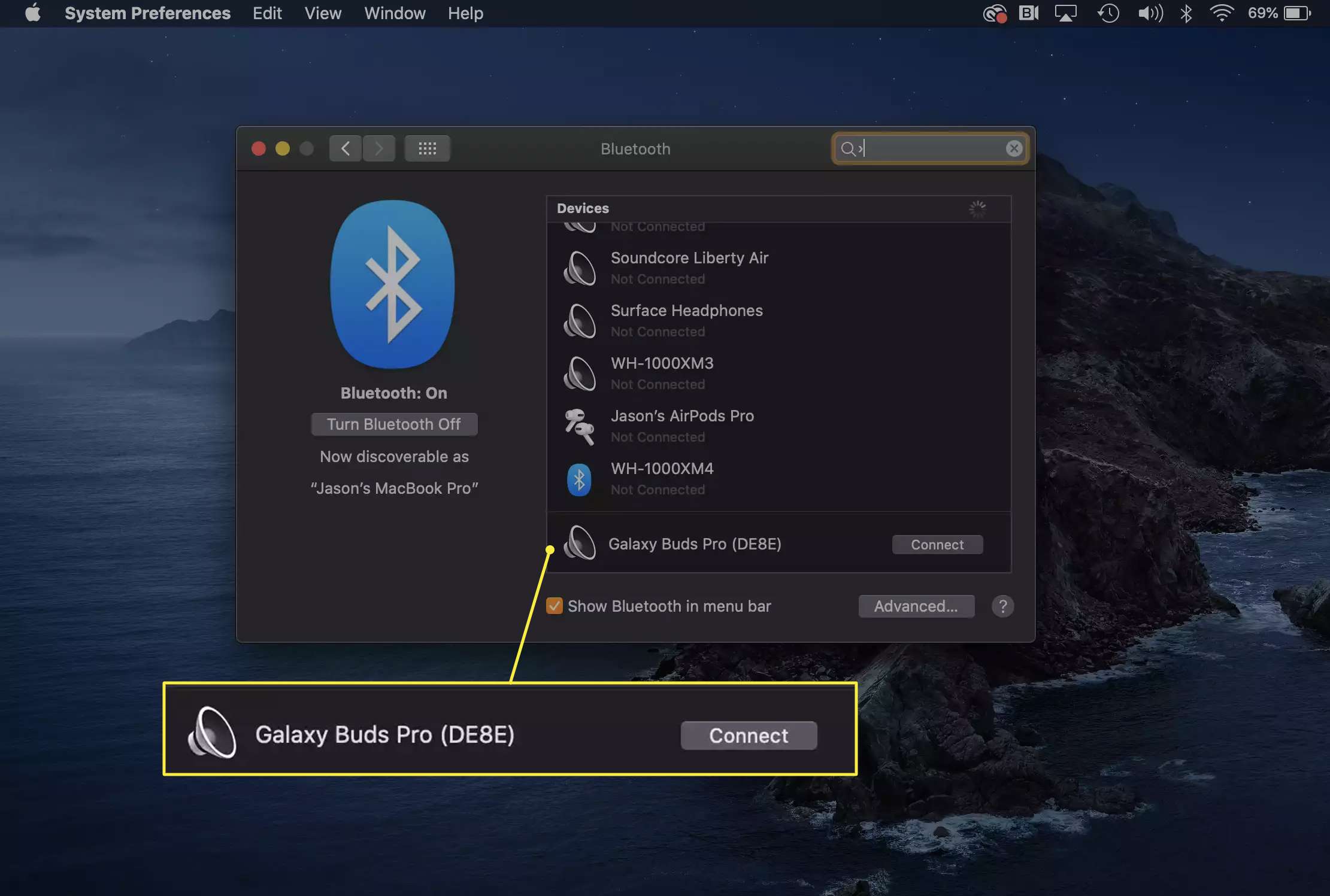Bluetooth -parkopplingsmenyn på macOS med Samsung Galaxy Buds Pro redo att ansluta