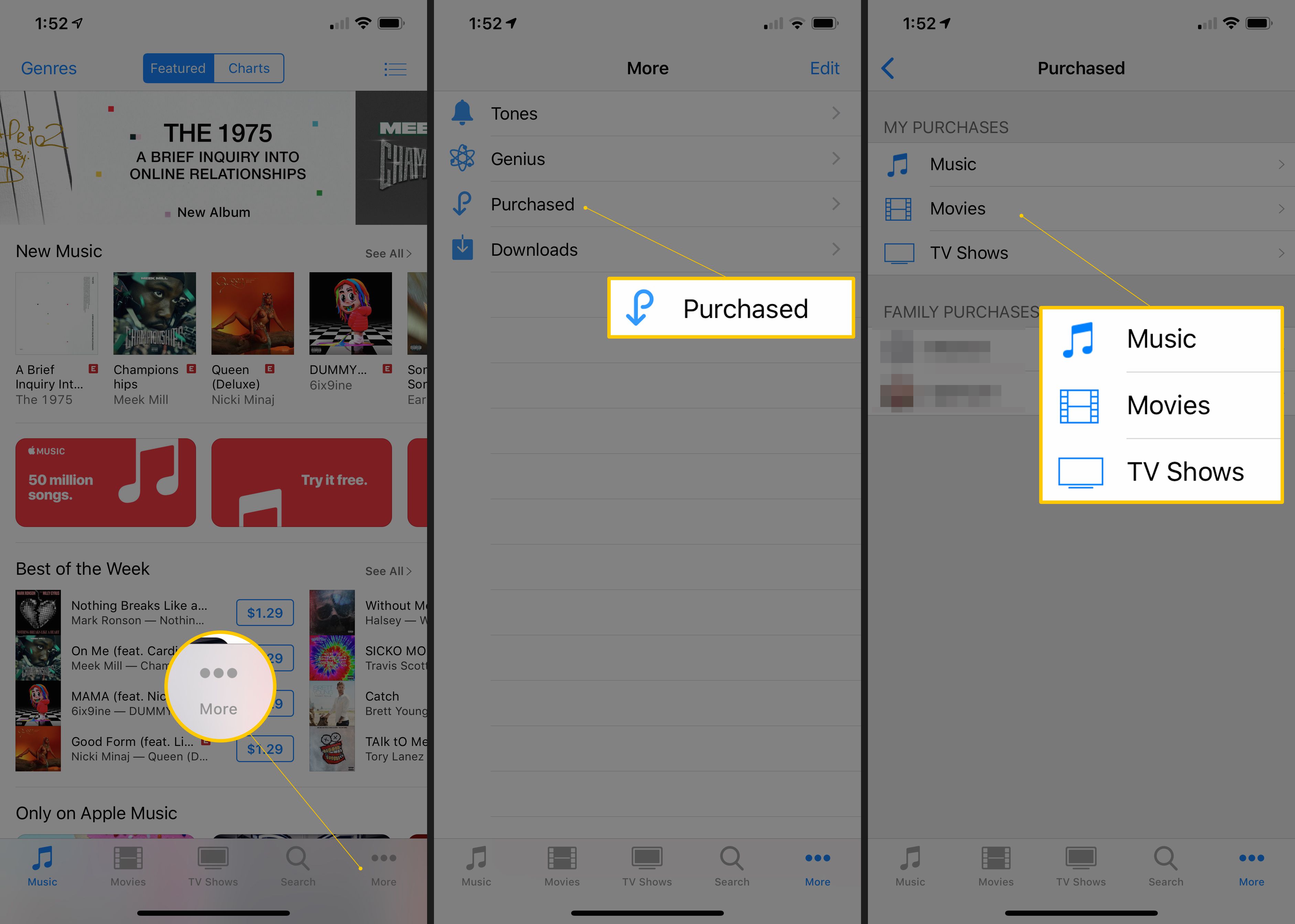 Mer ikon, Köpt knapp och Musik, Film eller TV -program knappar i köpt fönster i iTunes Store för iOS