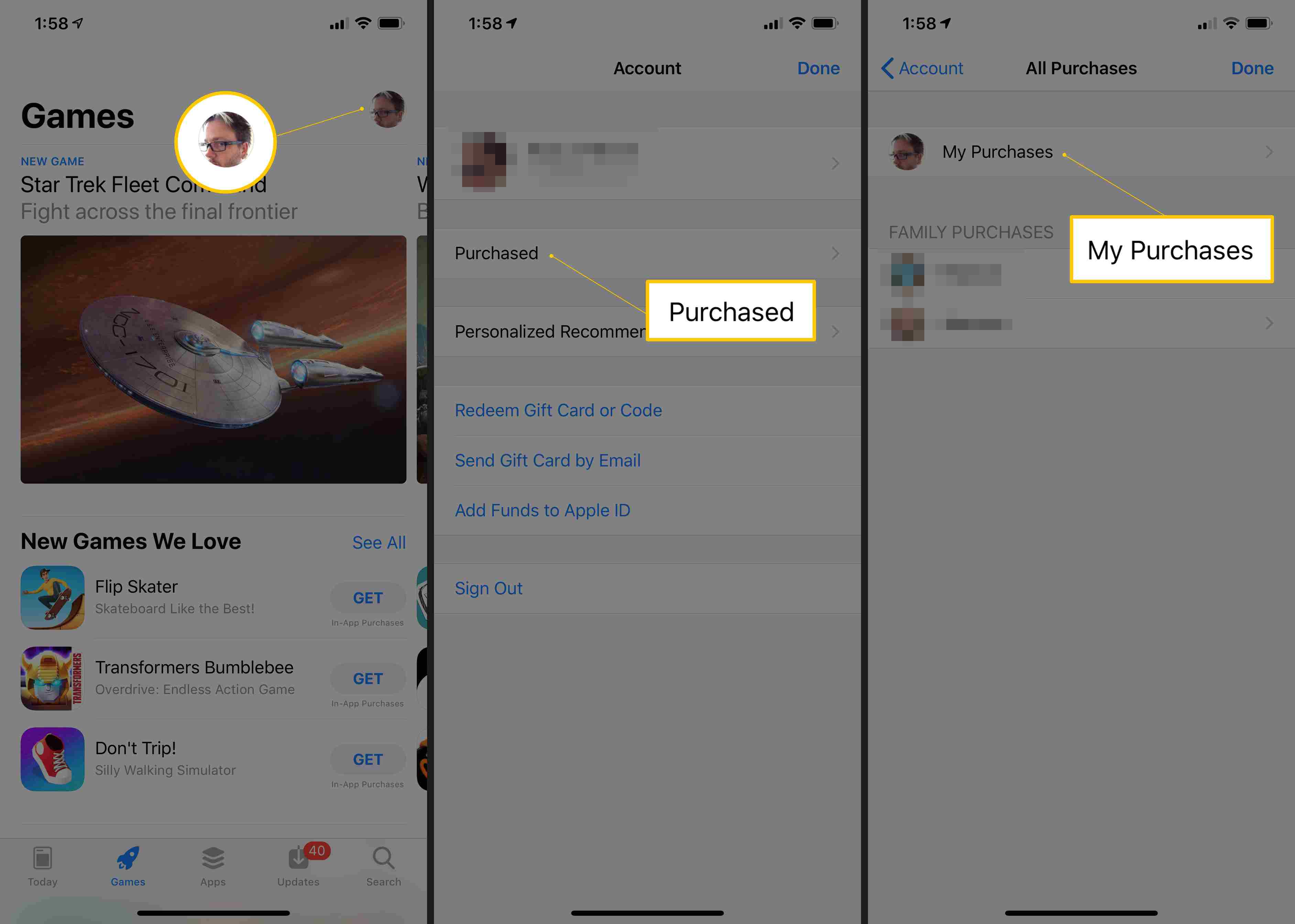 Profilikon, Inköpt, Mina inköpsknappar i App Store på iOS