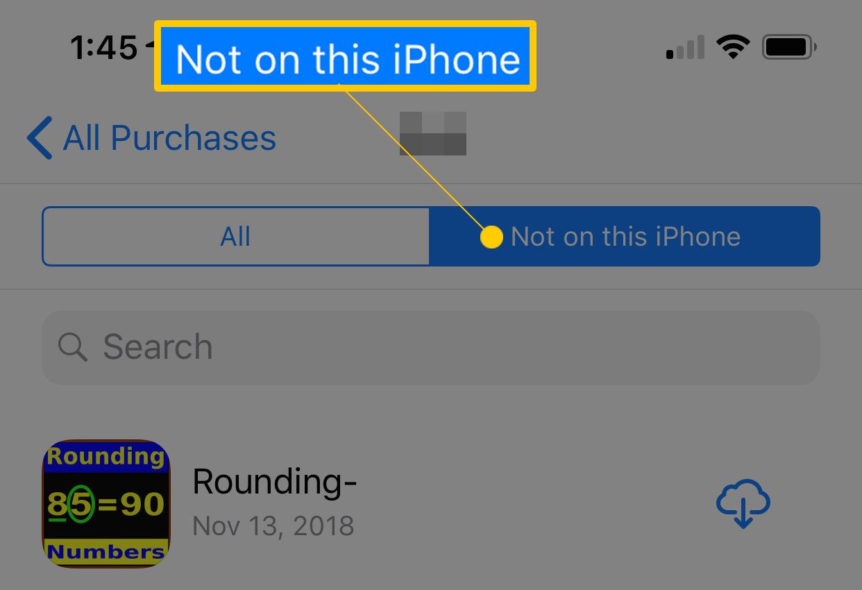 Inte på denna iPhone -knapp högst upp på App Store -köpta skärmen