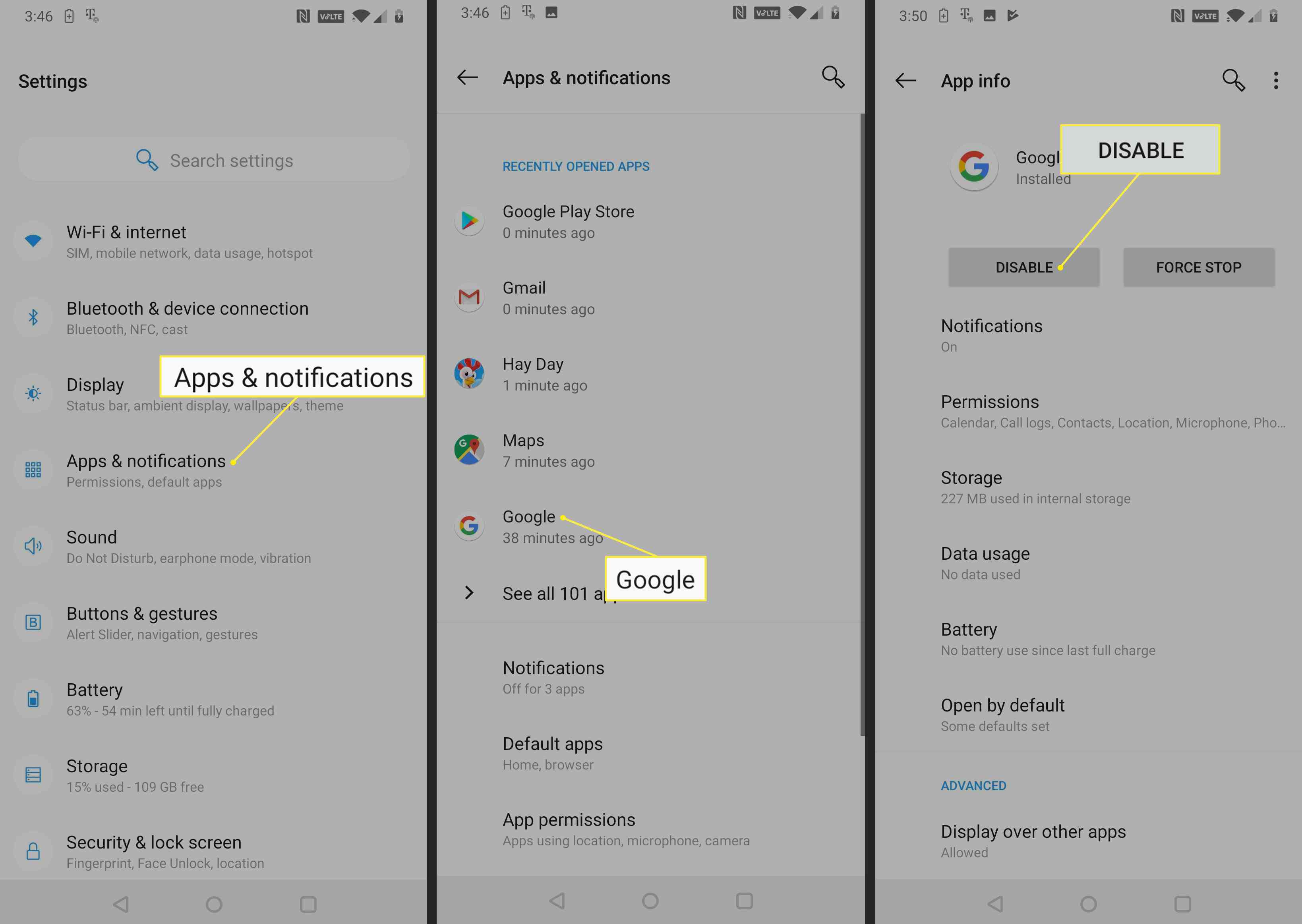Information om Google -appen med Inaktivera markerad