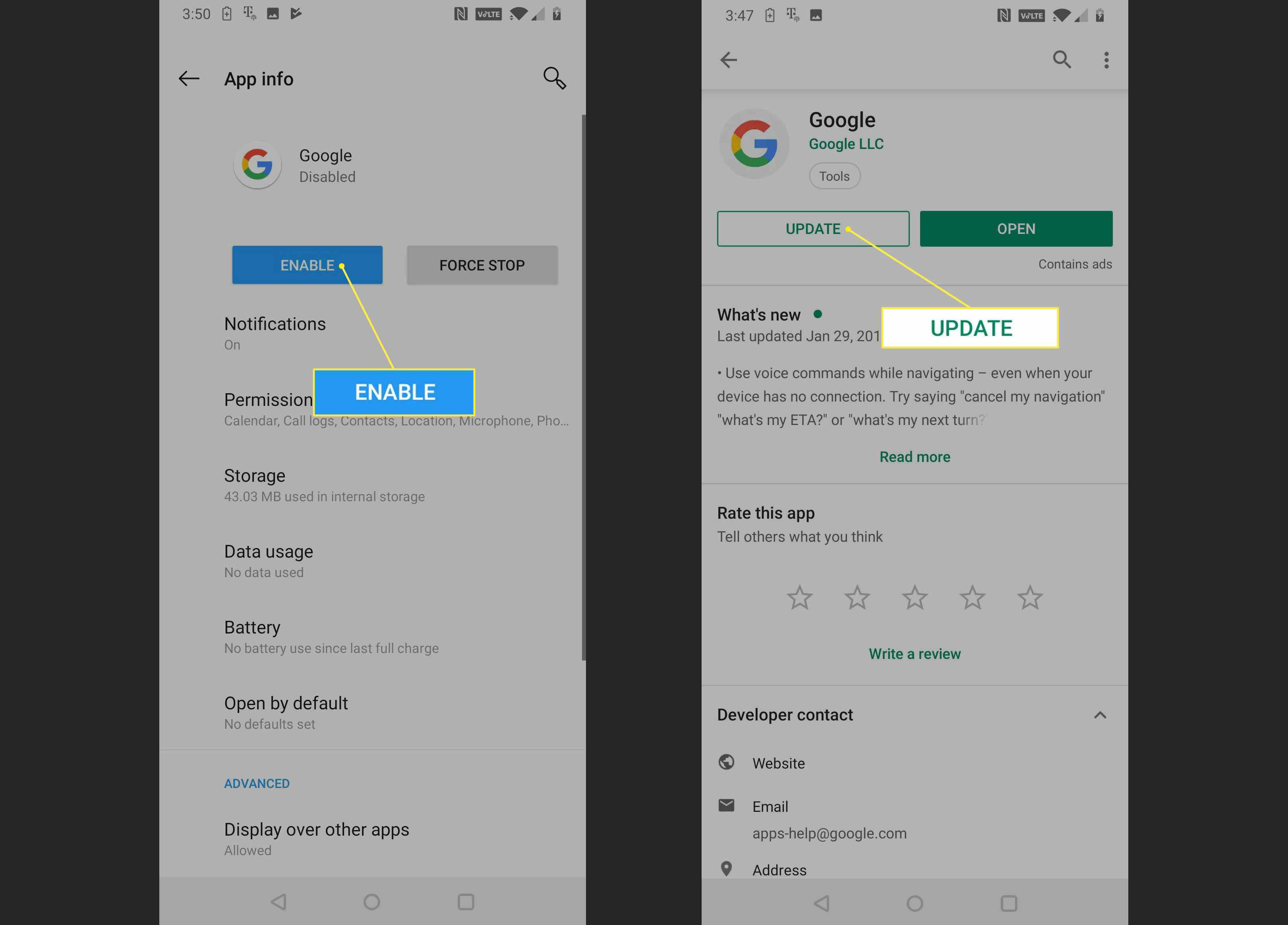 Google App -informationsskärm med knapparna Aktivera och Uppdatera