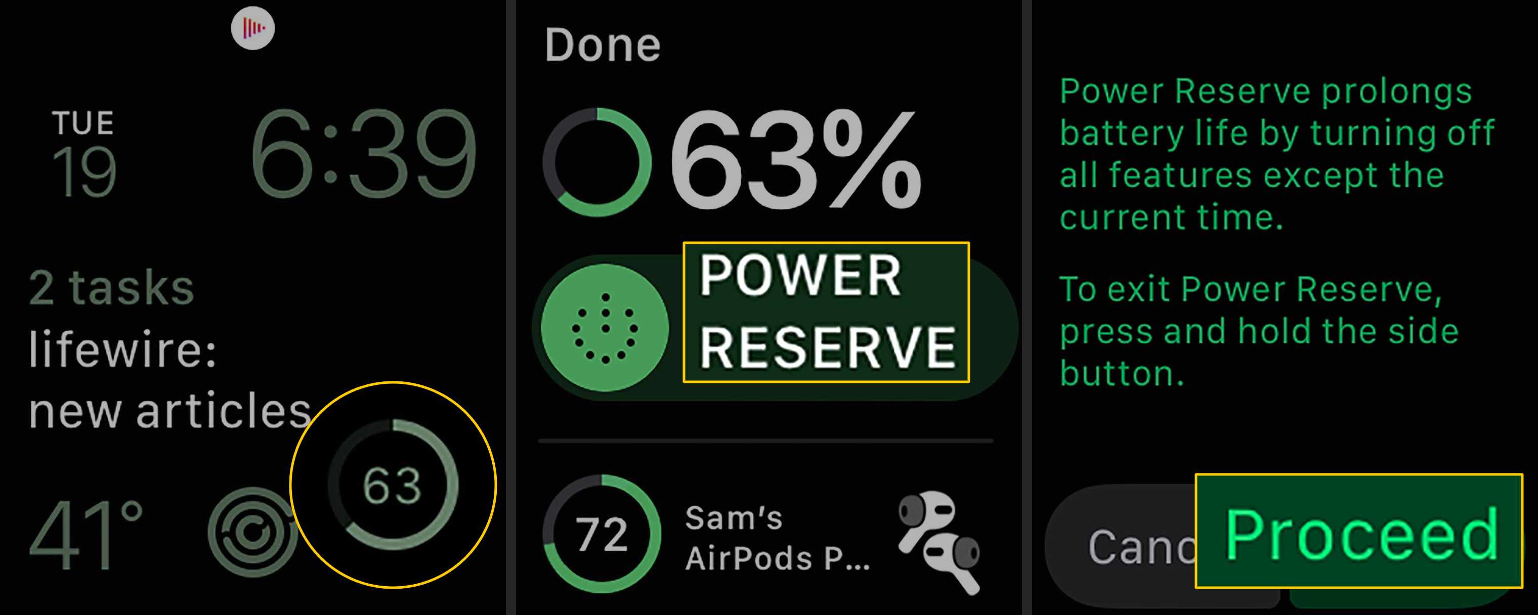 Batteriindikator, Power Reserve -knapp, Fortsätt -knapp på Apple Watch