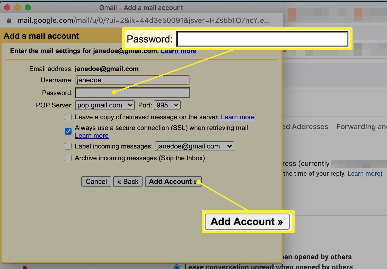 Lägg till ett lösenordsfält för e -postkonto och knappen Lägg till konto
