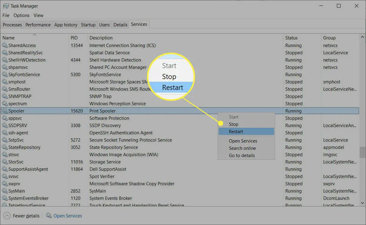 Windows Aktivitetshanterare med Spooler -tjänsten markerade alternativen Start, Stopp och Omstart