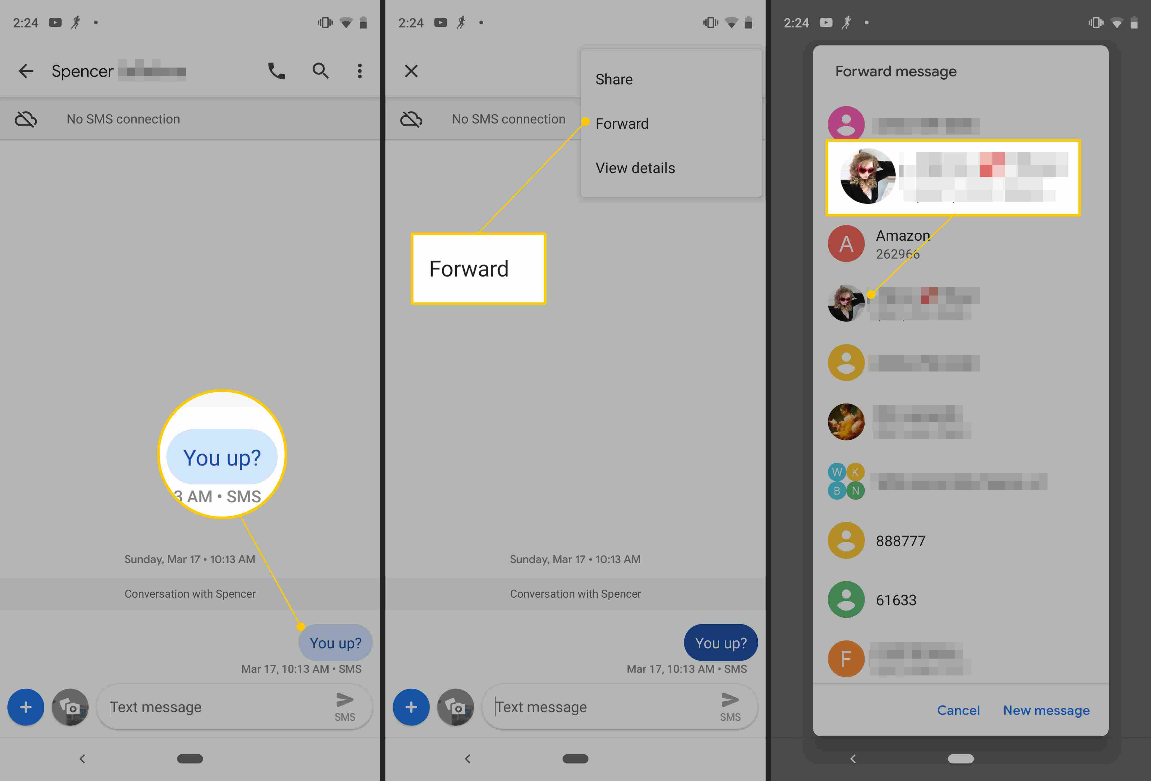 Meddelande att vidarebefordra, Vidarebefordra alternativ, person att skicka meddelandet till på Android
