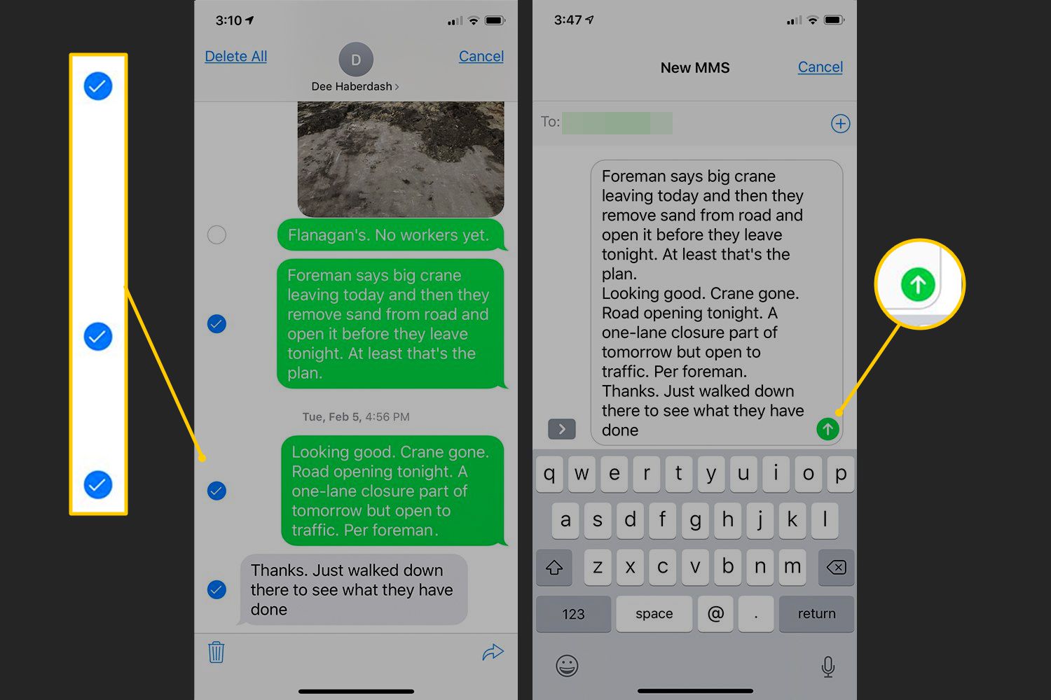 Meddelande kryssrutor, Skicka -knapp i iOS