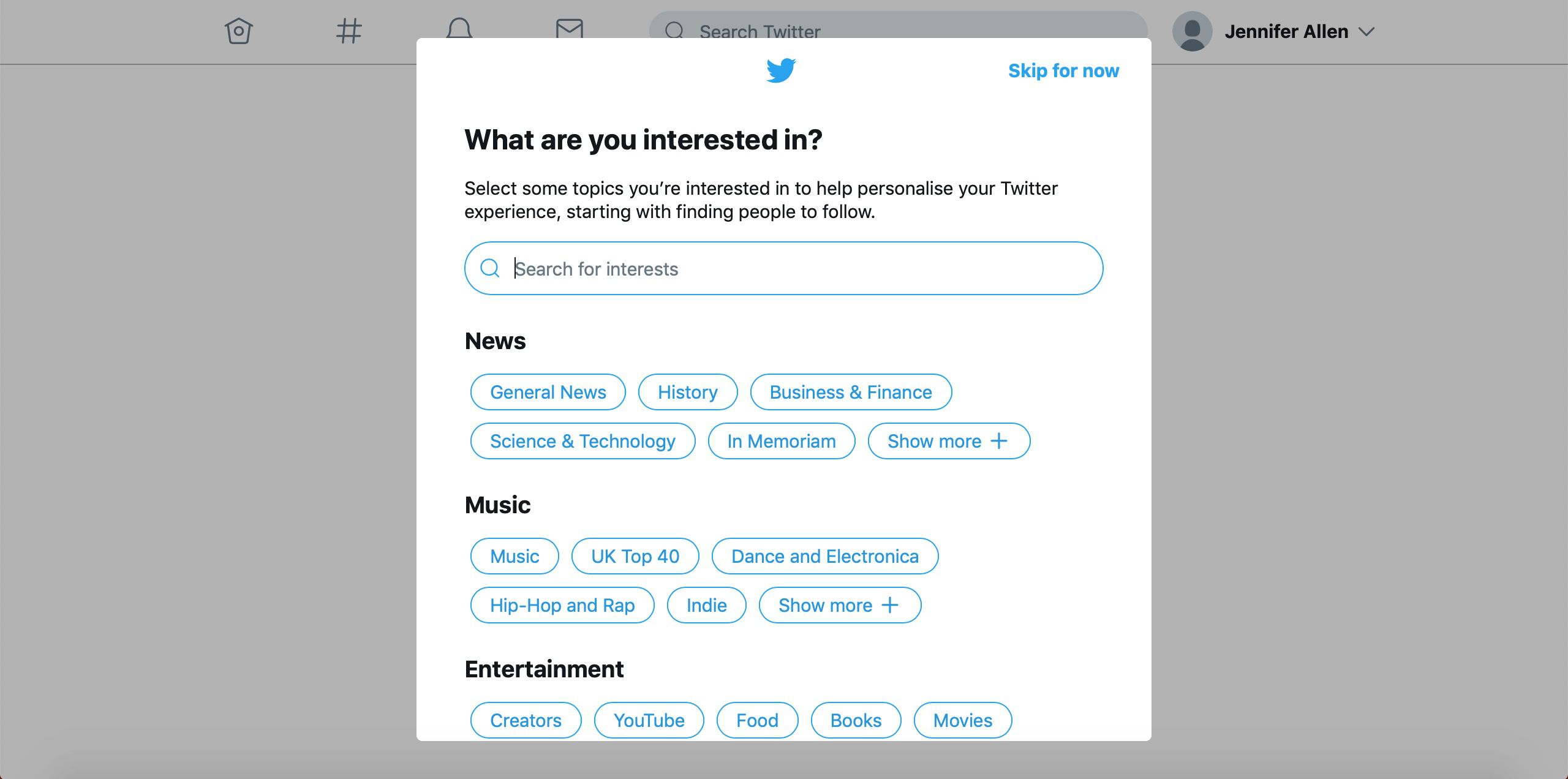 Twitter 'vad är du intresserad av?'  konfigurera sidan