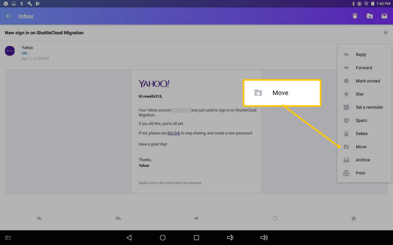 Flytta menyalternativet i Yahoo Mail för Android