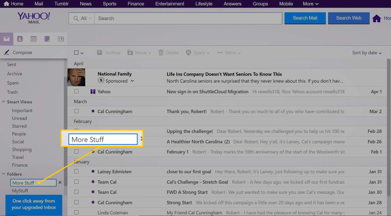 Namnge en ny mapp i Yahoo Mail basic