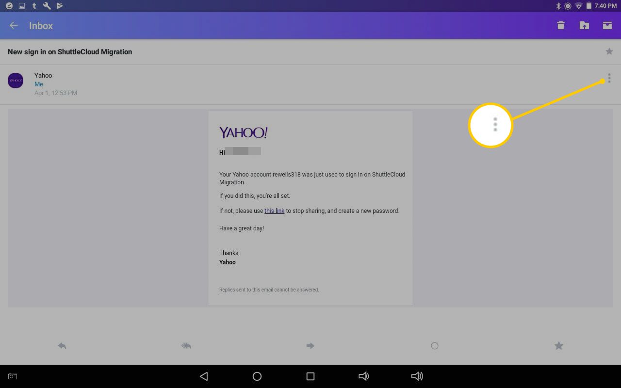 Tre vertikala prickar i Yahoo Mail för Android