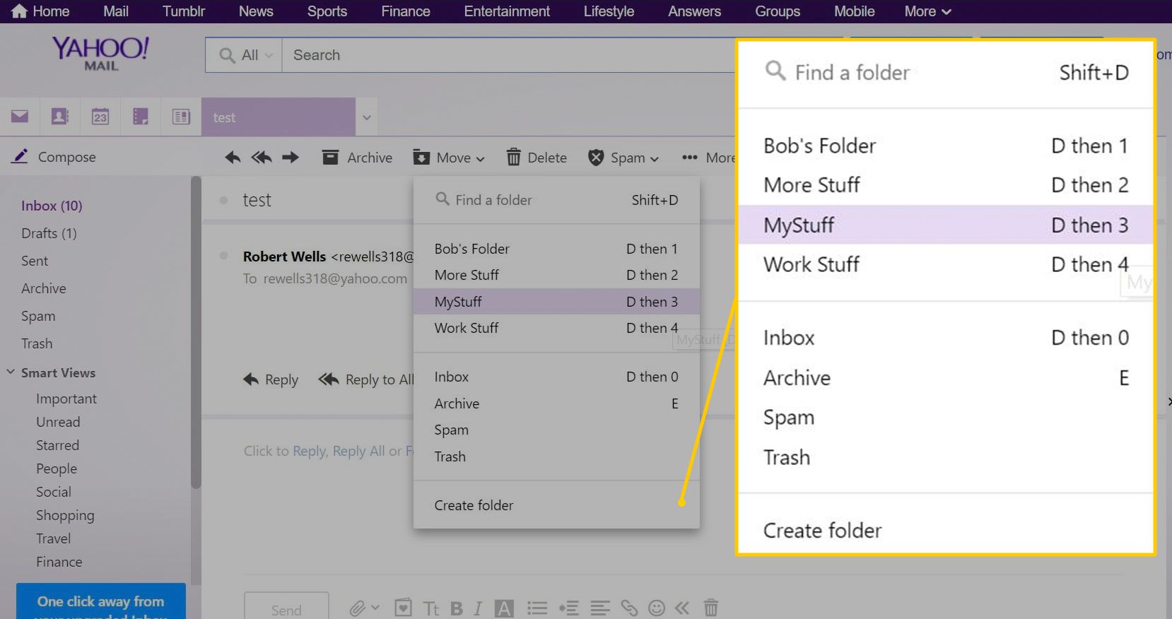 Flytta e -post till mappar i Yahoo Mail