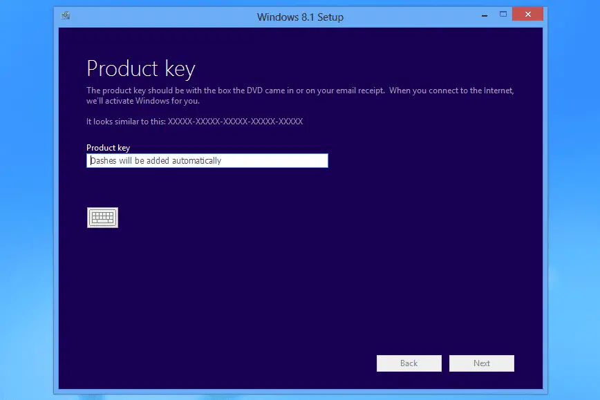 Produktnyckelruta i installationen av Windows 8.1 