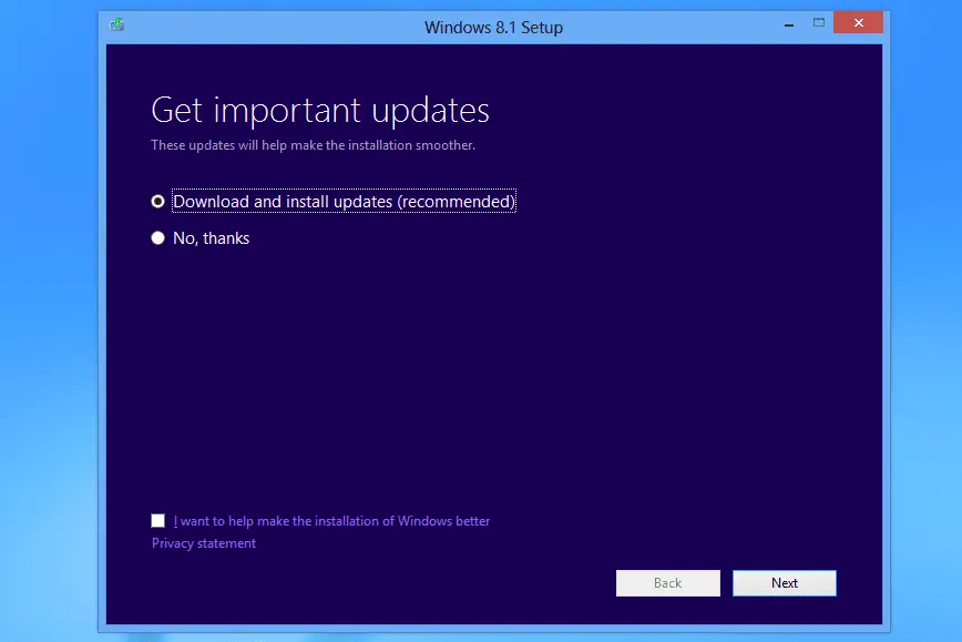Få viktig uppdateringsskärm i installationen av Windows 8.1 