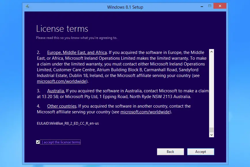 Licensvillkor i installationen av Windows 8.1