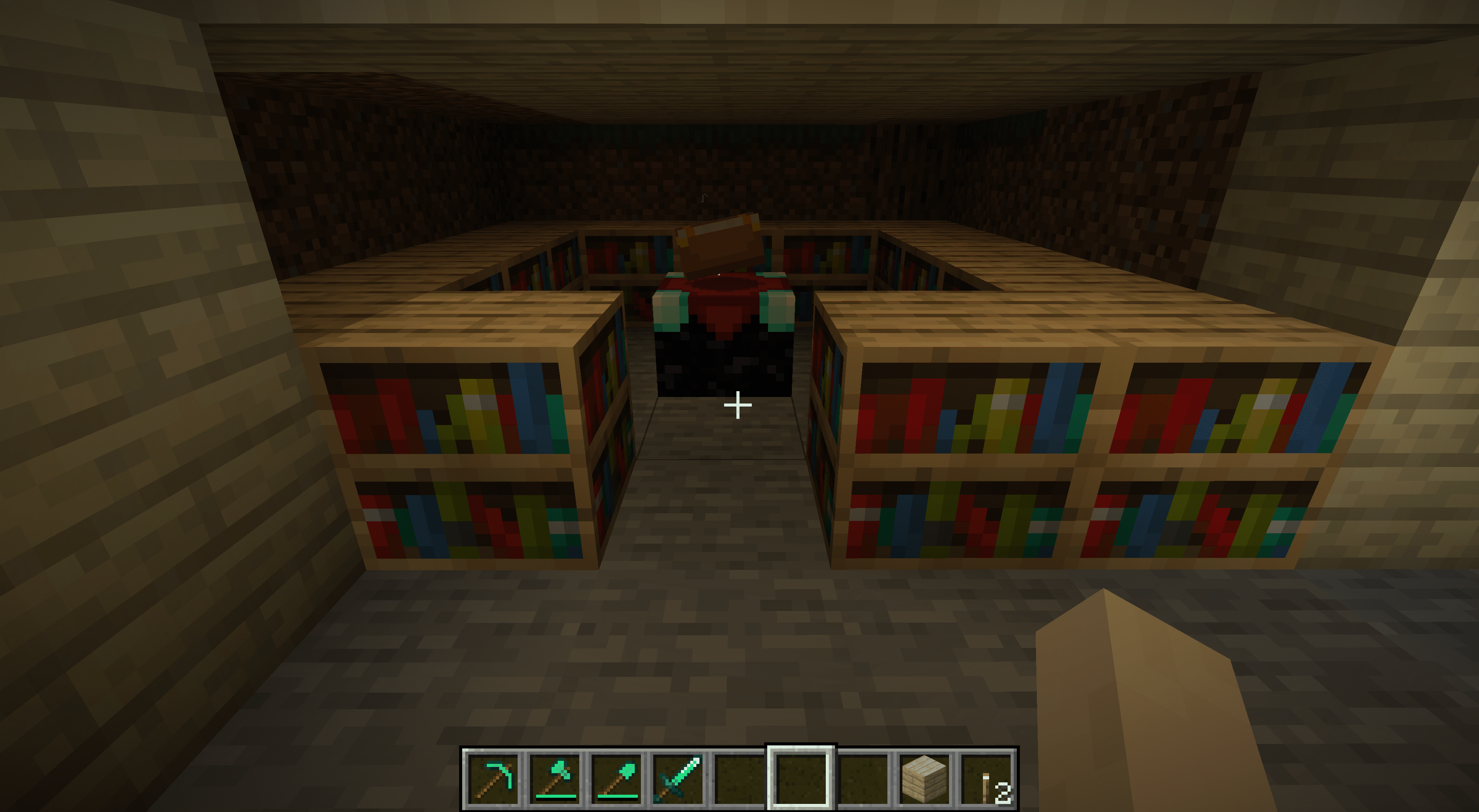 Ett bibliotek med förtrollande bord i Minecraft.