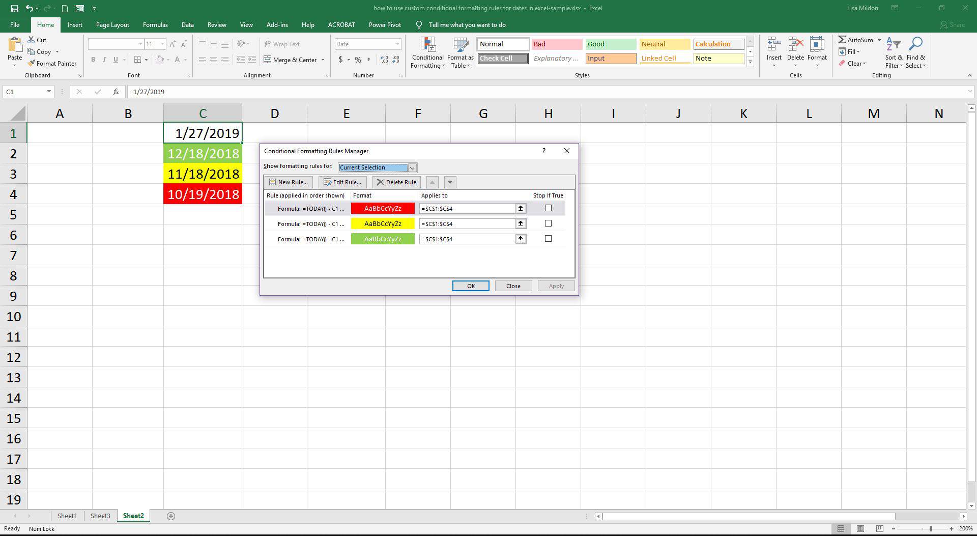 Excel -villkorlig formateringsdatumformel