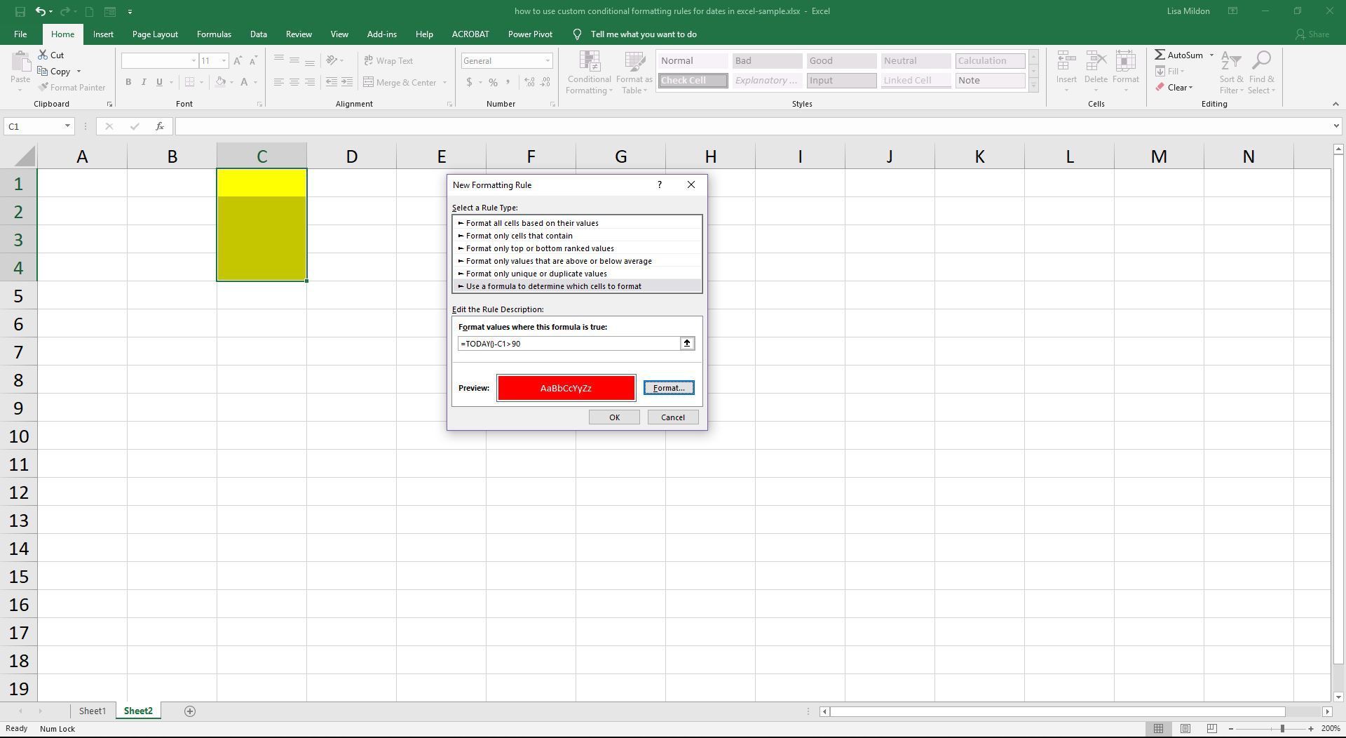 Skärmdump i Excel som visar alternativen för en ny regel