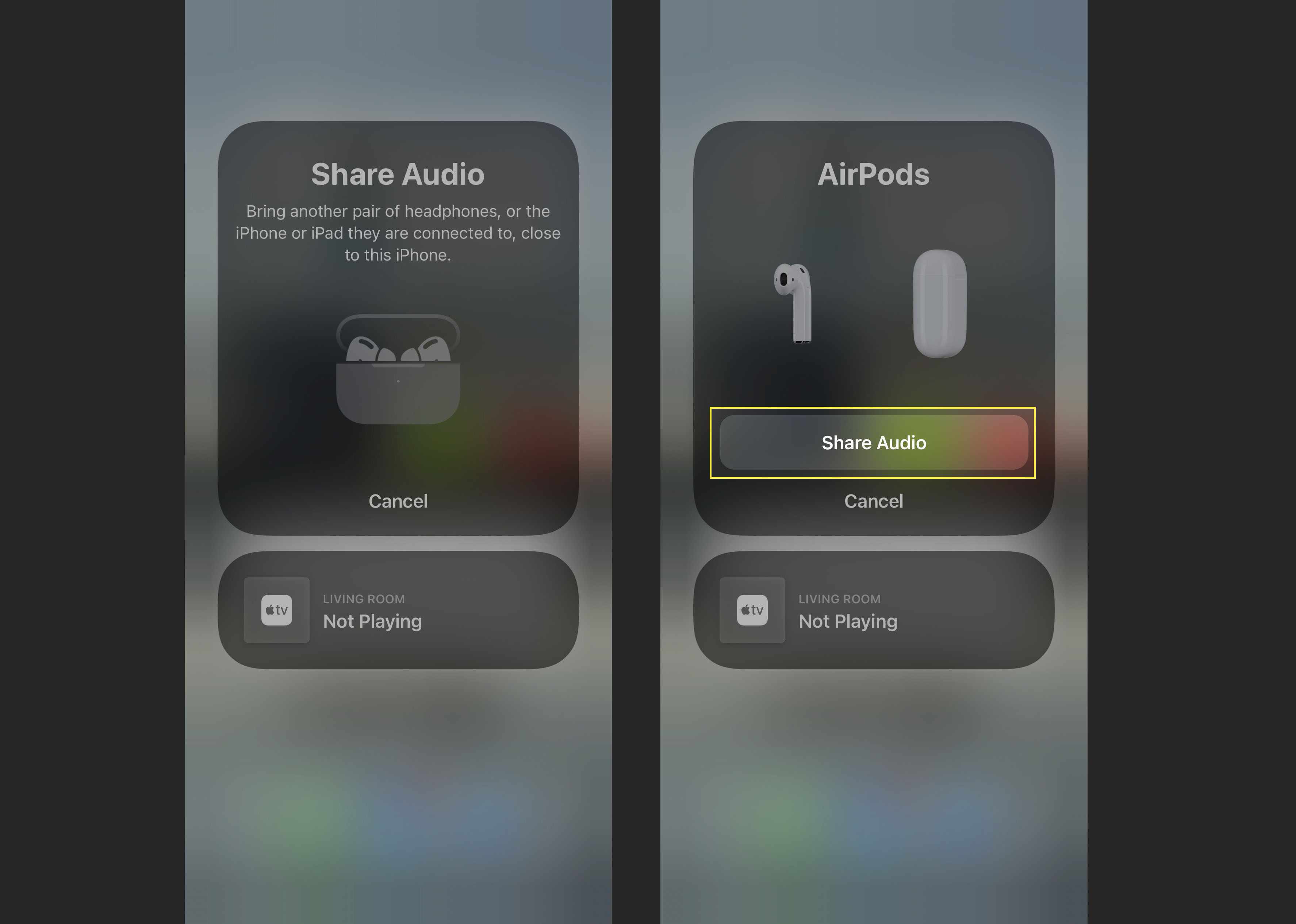 Knappen Dela ljud för att ansluta två uppsättningar AirPods till en iPhone.