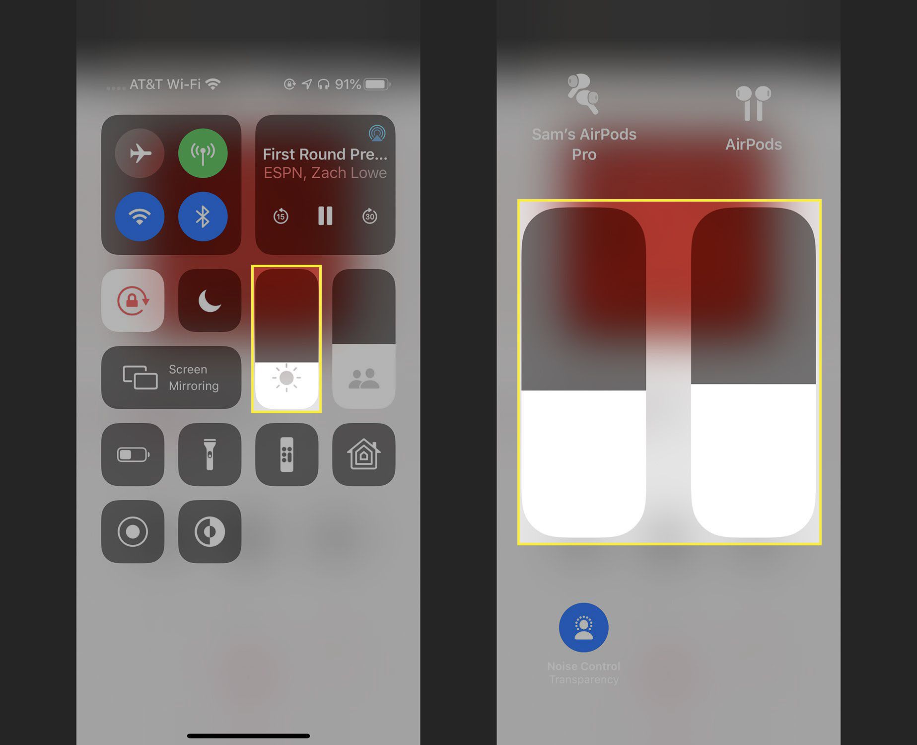 Ljudvolyminställningar för delade AirPods på en iPhone.